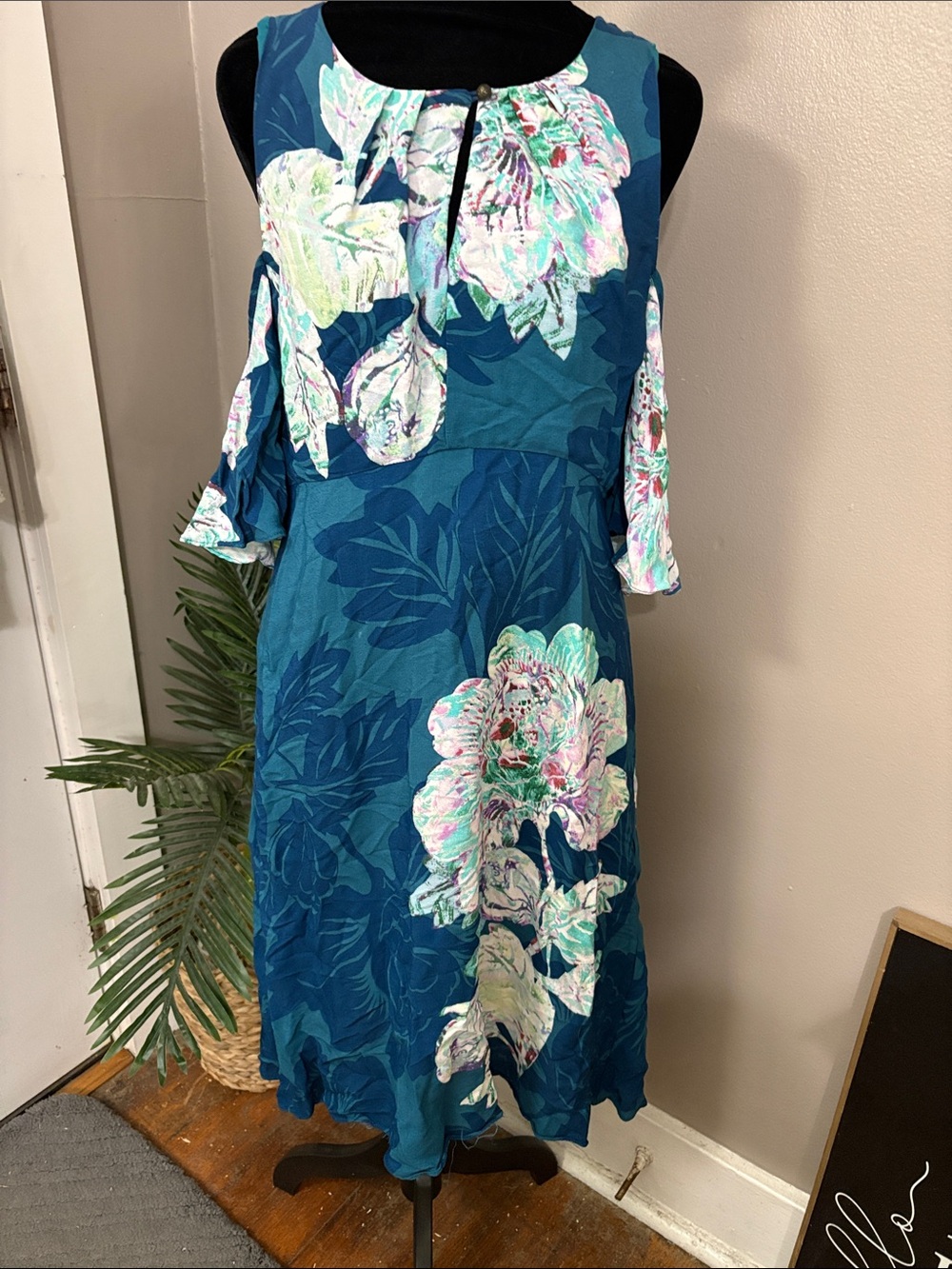 Maeve Anthropologie Elia floral print cold-shoulder dress teal blue women’s 10